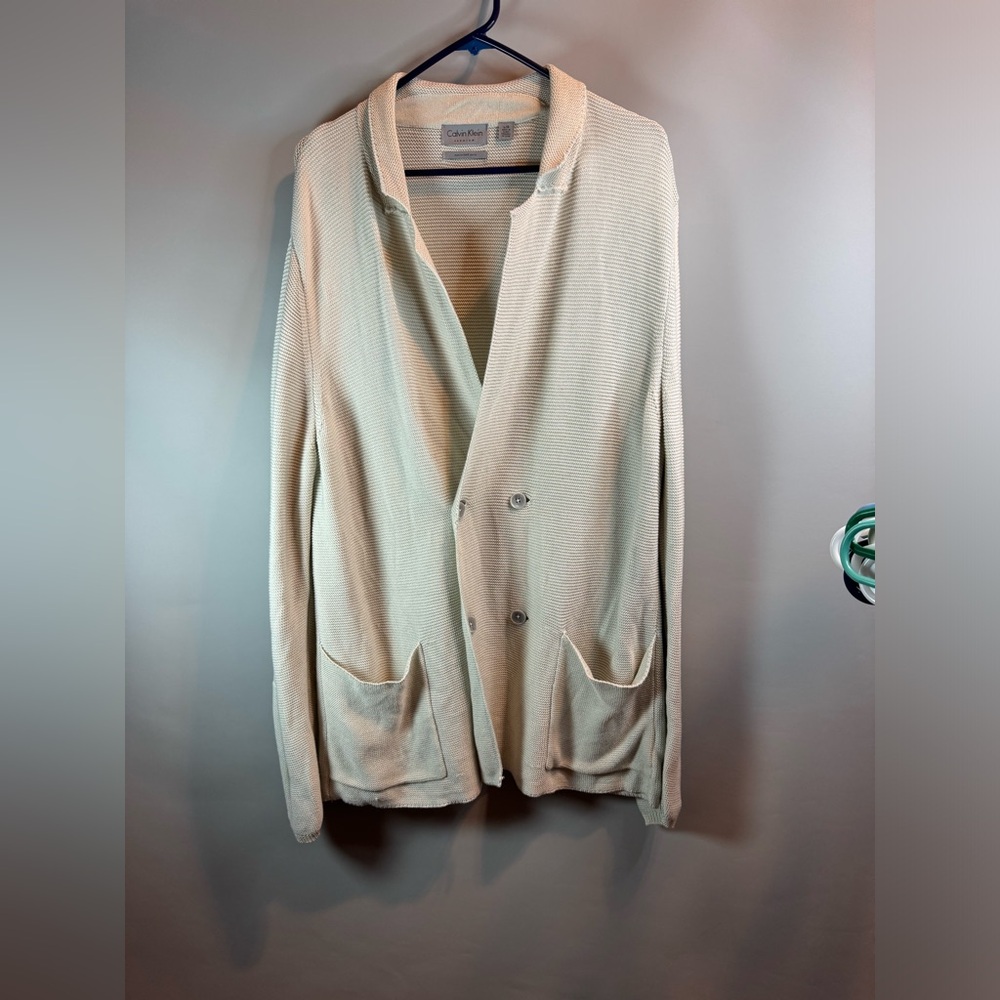 Calvin Klein Premium Ivory Cardigan Double Breasted V Neck Mercerized Yarn Large